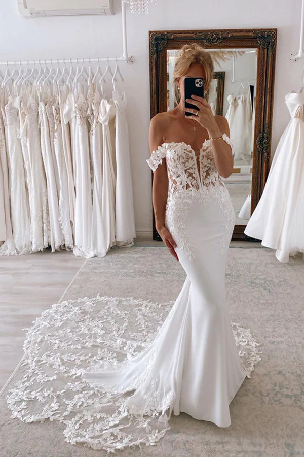 Beautiful Mermaid Satin Lace Wedding Dresses Bridal Gown With Side Slit  WD630