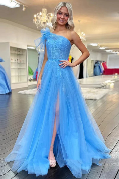 Light Blue Tulle Off Shoulder Long Prom Dresses With Lace Appliques PSK421