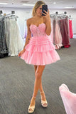 Appliques Strapless A-line Multi-Layers Pink Homecoming Dress PD502-Pgmdress