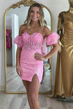 Pink Strapless Applique Bodycon Homecoming Dress wiith Sleeves PD5420-Pgmdress