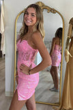 Pink Strapless Applique Bodycon Homecoming Dress wiith Sleeves PD5420-Pgmdress