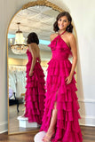 Pretty Halter Neck Ruffle Fuchsia Long Prom Dress  PSK577-Pgmdress