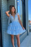 Princess Appliques Ruffle A-Line Short Blue Homecoming Dress PD524-Pgmdress