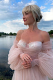 Princess Off The Shoulder Puff Sleeves Pink Long Prom Dress PSK693-Pgmdress