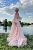 Princess Off The Shoulder Puff Sleeves Pink Long Prom Dress PSK693-Pgmdress