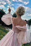 Princess Off The Shoulder Puff Sleeves Pink Long Prom Dress PSK693-Pgmdress