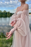 Princess Off The Shoulder Puff Sleeves Pink Long Prom Dress PSK693-Pgmdress