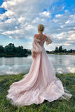 Princess Off The Shoulder Puff Sleeves Pink Long Prom Dress PSK693-Pgmdress