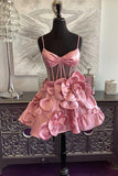 Robe de soirée courte à bretelles rosettes et corset rose PD515