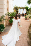 Satin Mermaid Off Shoulder Puff Sleeves Wedding Dress WD754-Pgmdress