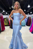 Satin Strapless Blue Prom Dress Party Dress with Ruffle Train PSK673-Pgmdress