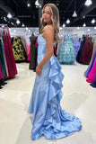 Satin Strapless Blue Prom Dress Party Dress with Ruffle Train PSK673-Pgmdress