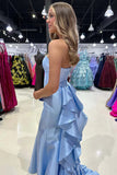 Satin Strapless Blue Prom Dress Party Dress with Ruffle Train PSK673-Pgmdress