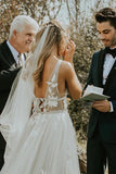 See Through Lace Ivory Tulle V-neck V-back Beach Wedding Dresses WD419