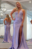 Sheath Deep V-neck Lavender Long Prom Dress With Split PSK686-Pgmdress