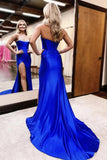 Sheath Sweetheart Court Train Satin Royal Blue Corset Prom Dress PSK663-Pgmdress