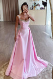 Simple A Line Pink Satin Long Prom Dresses with Beadings PSK562-Pgmdress