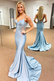 Spaghetti Mermaid Backless Strap Blue Long Prom Dress PSK648-Pgmdress