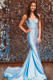 Spaghetti Mermaid Backless Strap Blue Long Prom Dress PSK648-Pgmdress