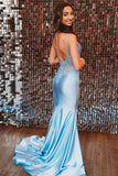 Spaghetti Mermaid Backless Strap Blue Long Prom Dress PSK648-Pgmdress