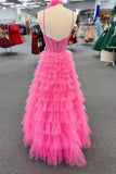 Spaghetti Strap Tiered Beaded Hot Pink Long Prom Dress PSK578-Pgmdress