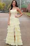 Spaghetti Straps A-Line Layered Yellow Prom Dress with Slit PSK616