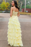 Spaghetti Straps A-Line Layered Yellow Prom Dress with Slit PSK616-Pgmdress