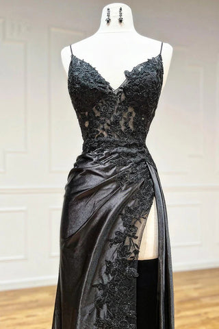 Spaghetti Straps Appliques Side Split Black Long Prom Dress  PSK440-Pgmdress