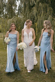 Spaghetti Straps Satin Pleats Simple Blue Long Bridesmaid Dress BD145-Pgmdress