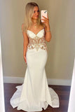 Spaghetti Straps V-Neck Appliques Mermaid White Prom Dress PSK620