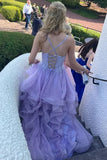 Spaghetti Straps V-Neck Ruffles Sleeveless Lilac Prom Dress PSK645-Pgmdress