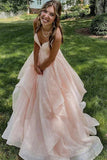 Spaghetti Straps V-Neck Ruffles Sleeveless Pink Long Prom Dress PSK639