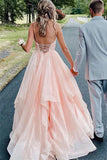 Spaghetti Straps V-Neck Ruffles Sleeveless Pink Long Prom Dress PSK639-Pgmdress