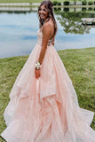 Spaghetti Straps V-Neck Ruffles Sleeveless Pink Long Prom Dress PSK639-Pgmdress