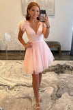 Sparkly A-Line V Neck Pink Homecoming Dress with Feathers PD520