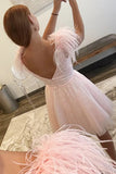 Sparkly A-Line V Neck Pink Homecoming Dress with Feathers PD520