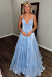 Sparkly A Line V Neck Glitter  Light Blue Long Prom Dress PSK640-Pgmdress