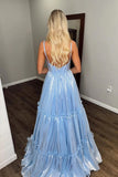 Sparkly A Line V Neck Glitter  Light Blue Long Prom Dress PSK640-Pgmdress