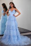 Sparkly Light Blue Tiered Tulle Long Prom Dress Party Dress PSK674-Pgmdress