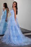 Sparkly Light Blue Tiered Tulle Long Prom Dress Party Dress PSK674-Pgmdress