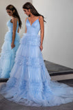 Sparkly Light Blue Tiered Tulle Long Prom Dress Party Dress PSK674-Pgmdress