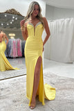 Sparkly Mermaid Beaded Corset Ruched Satin Yellow Prom Dress PSK697-Pgmdress