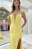 Sparkly Mermaid Beaded Corset Ruched Satin Yellow Prom Dress PSK697-Pgmdress