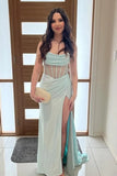 Sparkly Mermaid Corset Light Blue Long Prom Dress with Slit PSK641