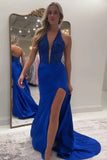 Sparkly Mermaid Halter V-Neck Royal Blue Long Prom Dress PSK667-Pgmdress