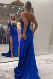 Sparkly Mermaid Halter V-Neck Royal Blue Long Prom Dress PSK667-Pgmdress