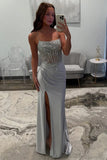 Sparkly Mermaid Spaghetti Straps Silver Corset Long Prom Dress PSK683