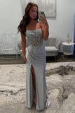 Sparkly Mermaid Spaghetti Straps Silver Corset Long Prom Dress PSK683