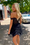 Sparkly Off the Shoulder Corset Ruffle Black Homecoming Dress PD510