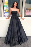 Sparkly Spaghetti Straps Black Long Prom Dress with Appliques PSK658-Pgmdress